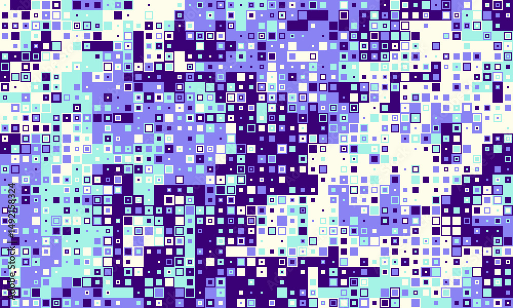 Fototapeta premium Abstract digital pixel art background. Vibrant shades of purple, blue, and white create a dynamic, textured pattern ideal for website banners, tech presentations, or modern design projects.