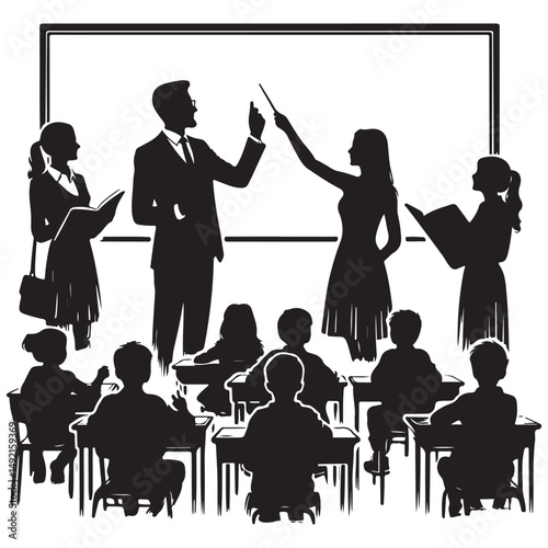 Silhouette Classroom Scene with Teacher and Students Vector Illustration
