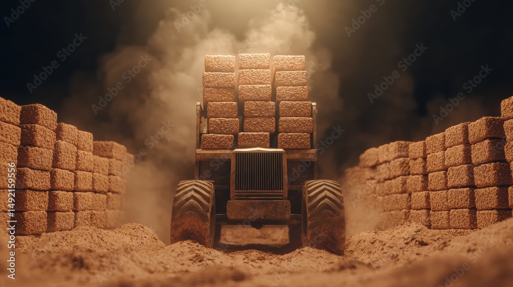 Obraz premium A large tractor carrying a load of bricks.