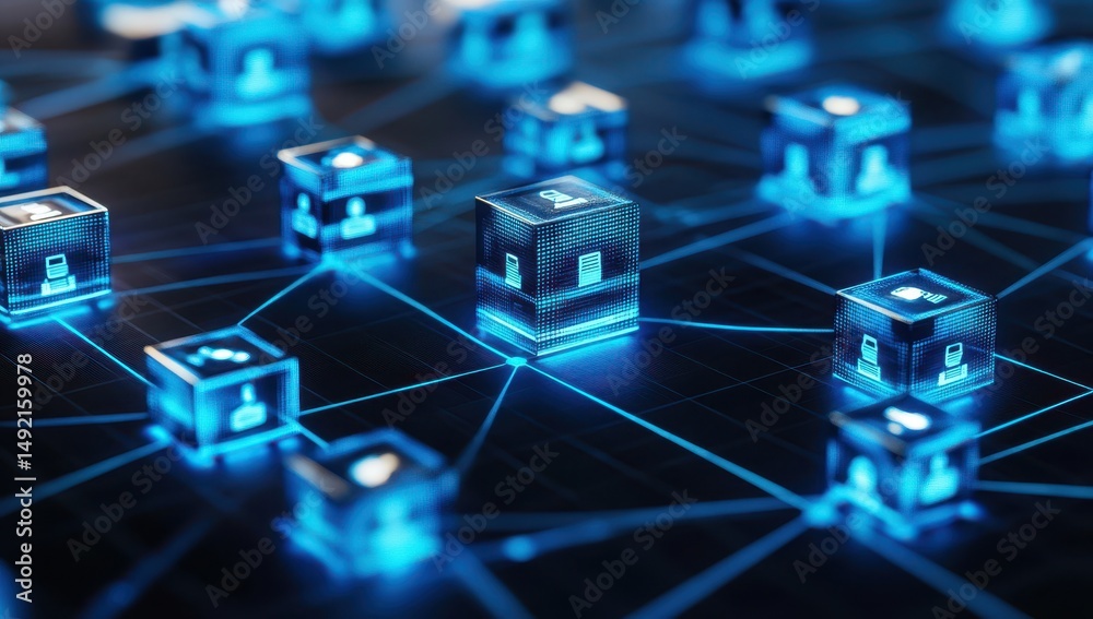 Obraz premium Abstract network of glowing cubes, social media