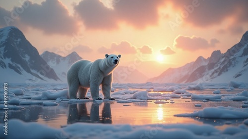 Polar Bear in Arctic Landscape at Sunset