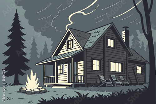 59 cozy rustic cabin at night, crackling campfire, chairs around fire, pine trees, stormy sky, dramatic lighting, moody atmosphere, cinematic