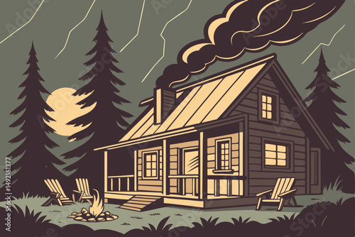 59 cozy rustic cabin at night, crackling campfire, chairs around fire, pine trees, stormy sky, dramatic lighting, moody atmosphere, cinematic