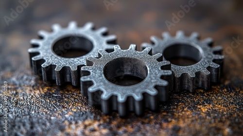 Metal gears on a rustic surface