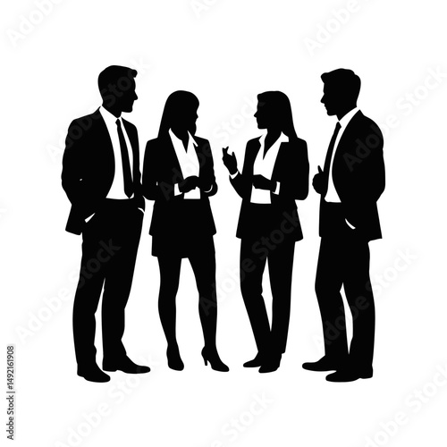Four business professionals are depicted in silhouette, engaged in conversation