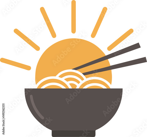noodle bowl icon with rising sun design in background, wellness theme