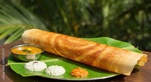 Close up of a traditional south indian dosa with accompaniments on a plate