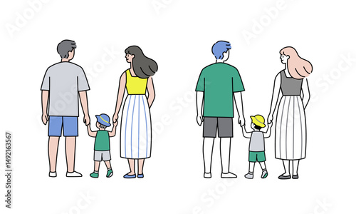 後ろ姿で手をつなぐ家族3人のカジュアルイラスト素材