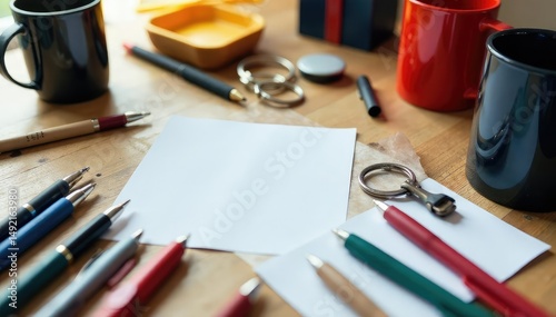 A table of promotional products, including pens, keychains, and mugs , tumblers, personalized gifts, apparel