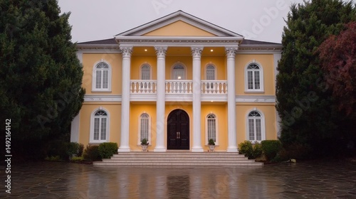 Elegant yellow mansion featuring grand columns and symmetrical design accentuated by lush greenery and a well-kept garden creating a stunning residential architectural masterpiece