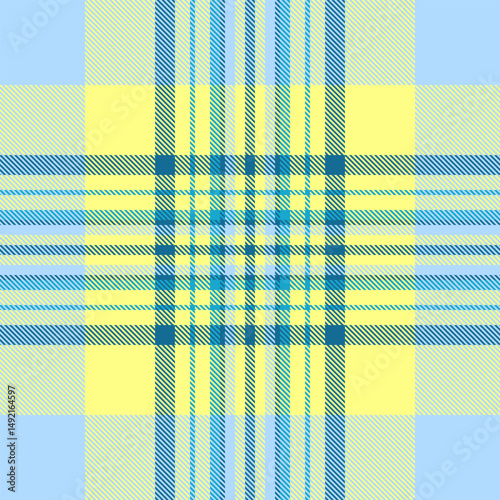 Indoor textile tartan texture, hanukkah pattern check background. Harvest plaid seamless vector fabric in cyan and yellow colors.