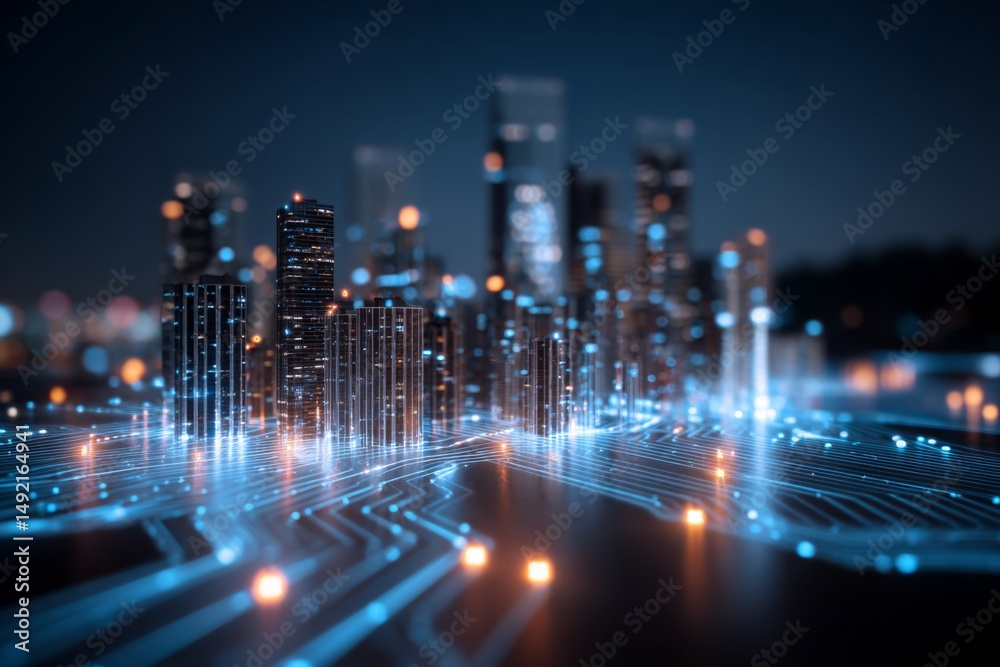 Fototapeta premium Nighttime city skyline with smart technology data overlay