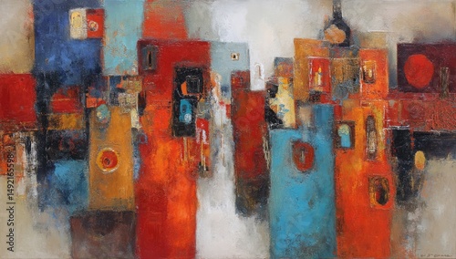 Abstract Figures Dancing Under Colorful Sky