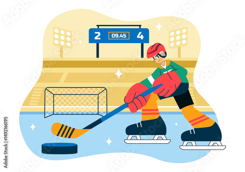 Ice Hockey Player Sport Vector Illustration featuring a Helmet, Stick, Puck, and Skates on an Ice Surface for Game or Championship in a Background