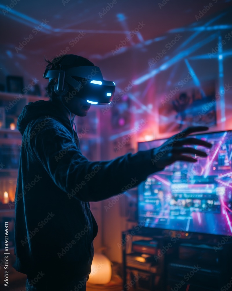 Person actively playing a virtual reality game wearing a VR headset Person actively playing a virtual reality game wearing a VR headset