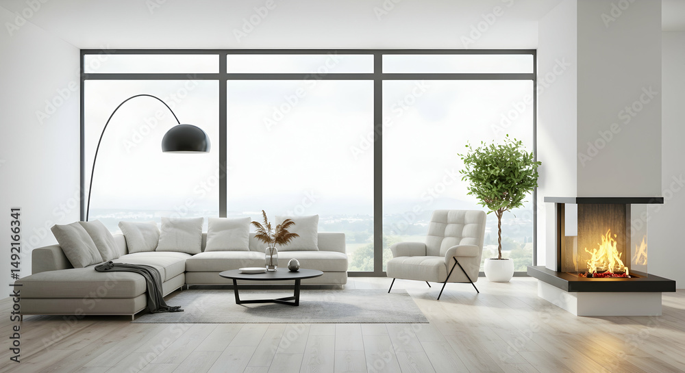 Fototapeta premium modern, living room, interior, Modern Living Room with Fireplace and Panoramic View