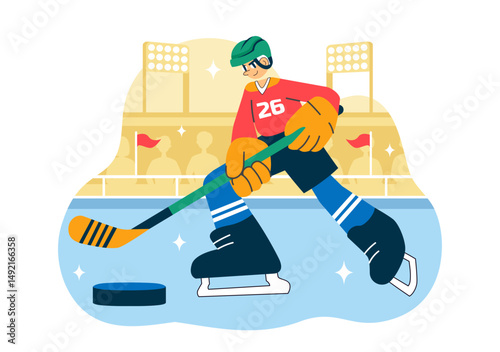 Ice Hockey Player Sport Vector Illustration featuring a Helmet, Stick, Puck, and Skates on an Ice Surface for Game or Championship in a Background