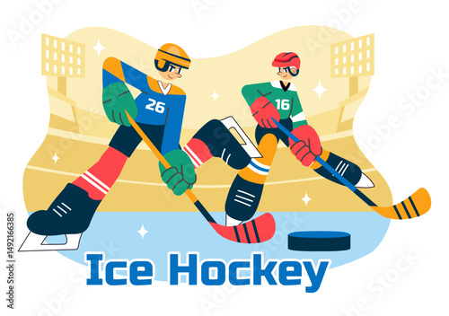 Ice Hockey Player Sport Vector Illustration featuring a Helmet, Stick, Puck, and Skates on an Ice Surface for Game or Championship in a Background