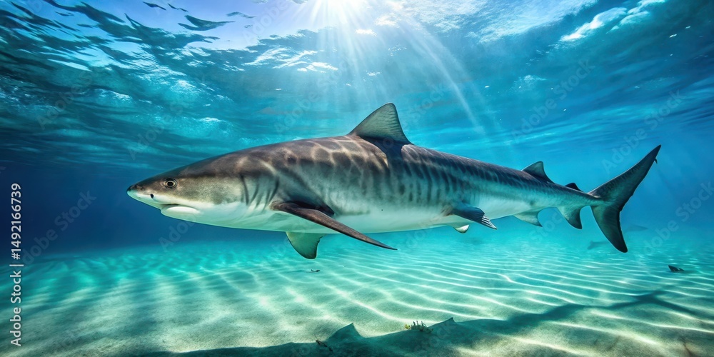 Fototapeta premium Tiger shark swimming in crystal clear turquoise sea water, marine life