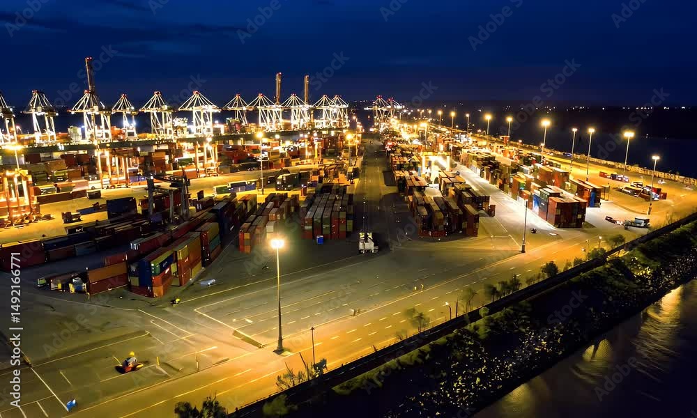 Night Cargo Port: Containers Loaded Efficiently Night Cargo Port: Containers Loaded Efficiently