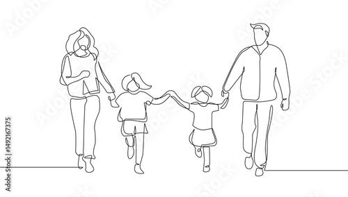 Parents Walking with Two Children One Line Vector Illustration. Mother, Father and Children Continuous Single Line Drawing. Happy Family with Hand Drawn Contour Silhouette Outline Style