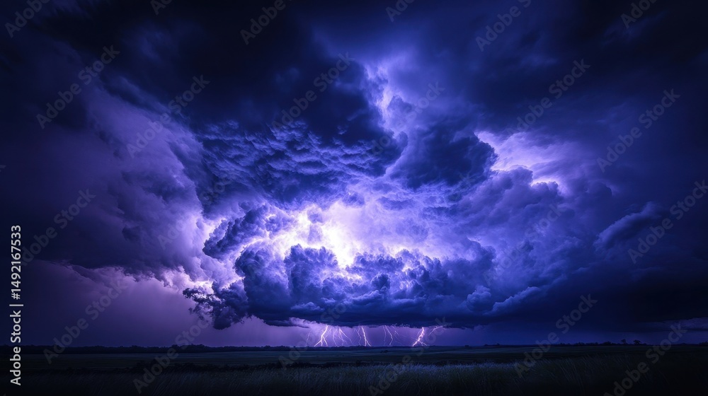 Obraz premium Majestic Stormy Sky with Lightning and Dark Clouds Over Fields at Night