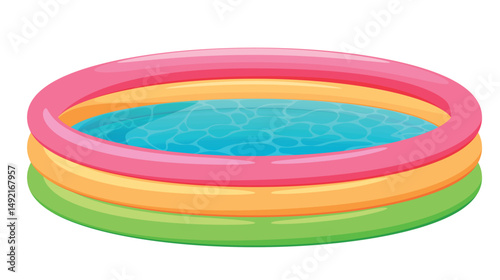 Brightly colored inflatable pool designed for children, featuring pink, yellow, and green rings and sparkling blue water. Perfect for summer days and outdoor activities.