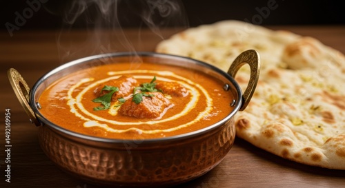 Delicious indian curry dish with flatbread close up on wooden table