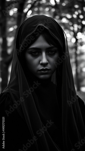 Portrait of a Woman in a Black Mourning Veil on Her Head