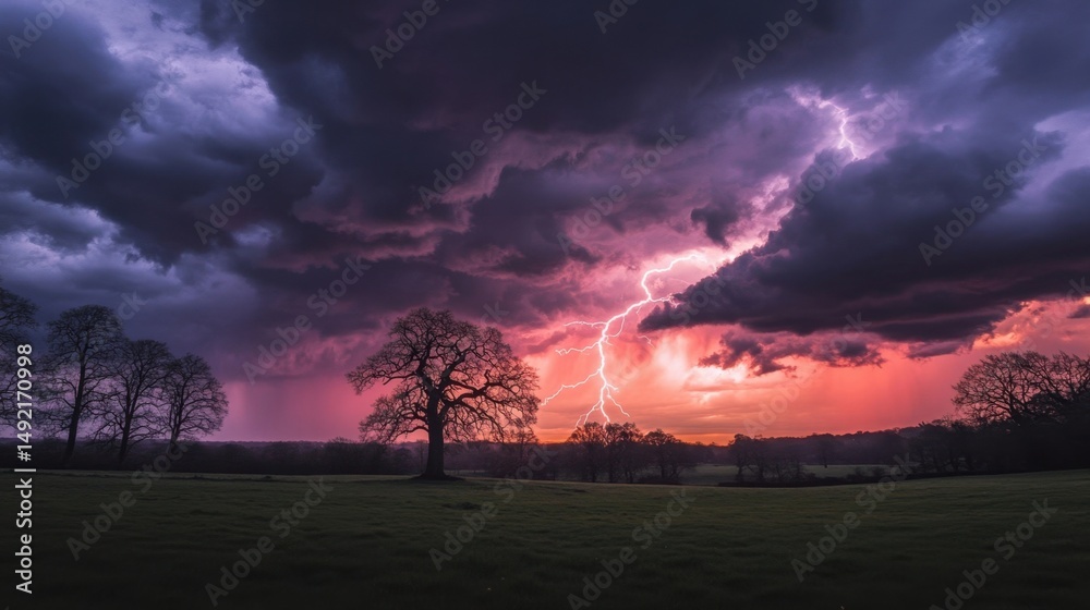 Fototapeta premium Dramatic lightning strikes a dark sky with vibrant colors. A solitary tree stands tall against a stunning sunset backdrop.