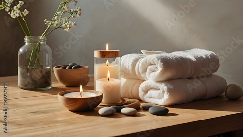 Relaxing Spa Day Essentials Flatlay with Towels, Candles, and Flowers