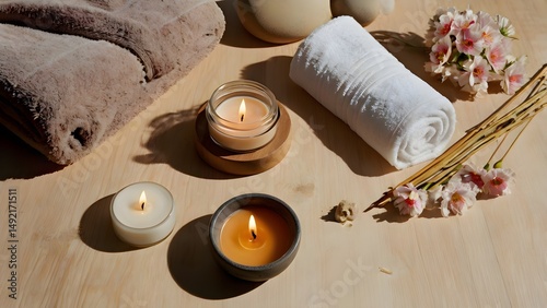 Relaxing Spa Day Essentials Flatlay with Towels, Candles, and Flowers