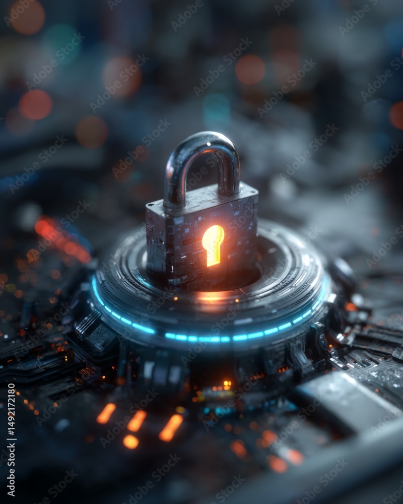 Secure digital vault with glowing lock symbol representing cybersecurity Secure digital vault with glowing lock symbol representing cybersecurity