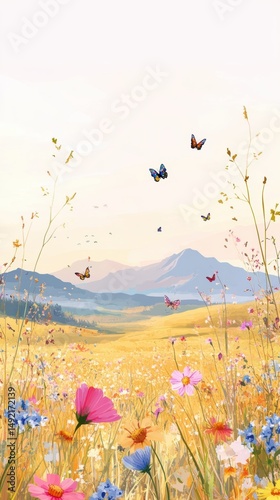Serene Mountain Meadow Landscape with Blooming Flowers and Butterflies: A Tranquil Summer Scene