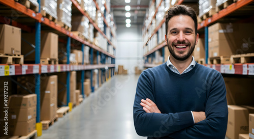 warehouse,  manager,  confident, Confident Warehouse Manager Smiling in Modern Distribution Center