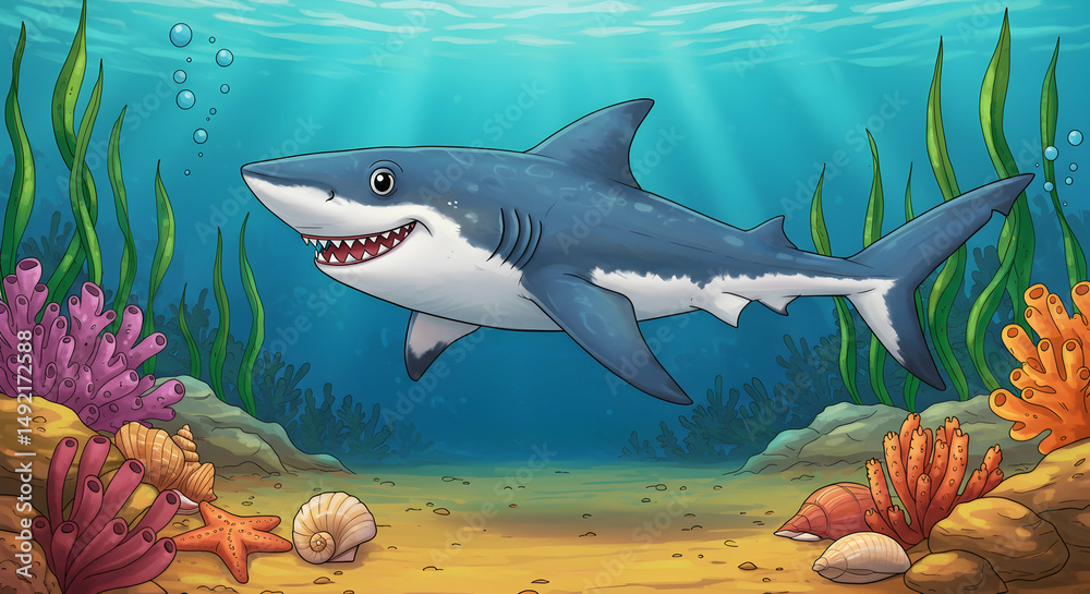 Obraz premium great white shark, shark, ocean, Cartoon Great White Shark in Vibrant Underwater Scene
