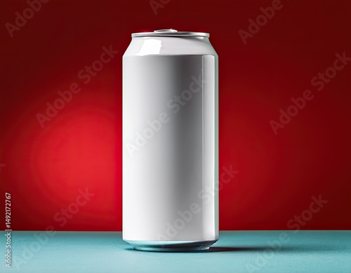 White Blank Soda Can Isolated on Red Background – Mockup for Branding and Packaging Design