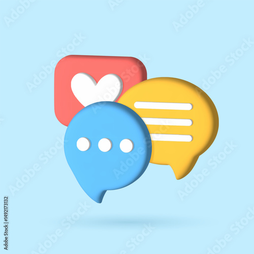3d dialog speech bubbles. Text bubbles messenger social networks, 3d message notification. Social media communication signs. Vector illustration