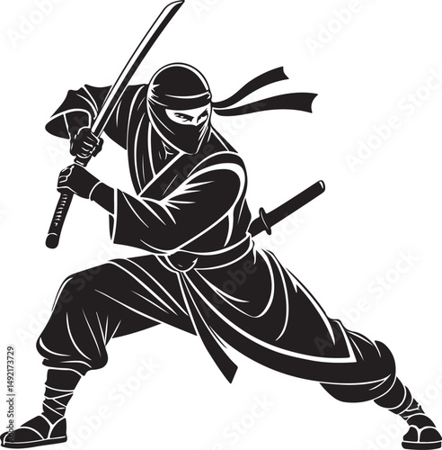 Ninja warrior, Black and White Vector Illustration, Sketch Drawing Line Linear Symbol Icon Engraving, Hand-drawn Isolated
