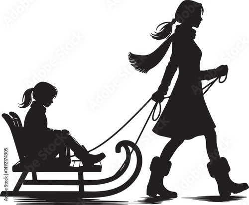 Silhouette of woman pulling child on sled in winter against white background image