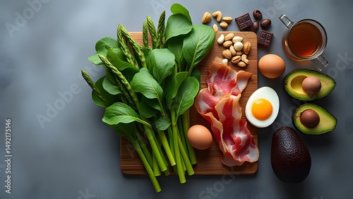 Ketogenic Diet Food: Asparagus, Bacon, Eggs, Avocado, Nuts photo