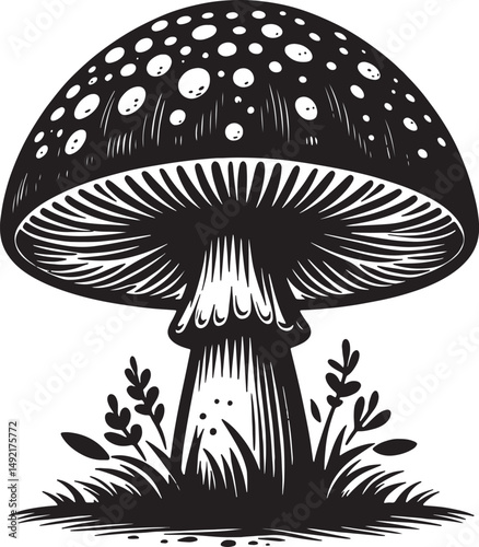 Illustrated mushroom with white spots on cap and grass in black and white art