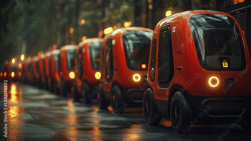 Fototapeta premium Futuristic orange electric vehicles in a row