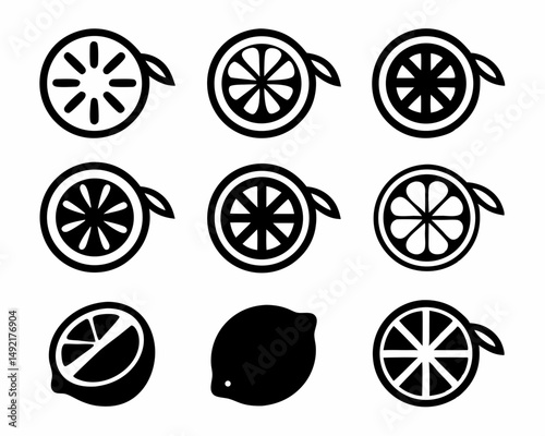 Lemon-Themed Icon Collection – Black-and-White Lemon Slices, Wedges, and Drinks SVG