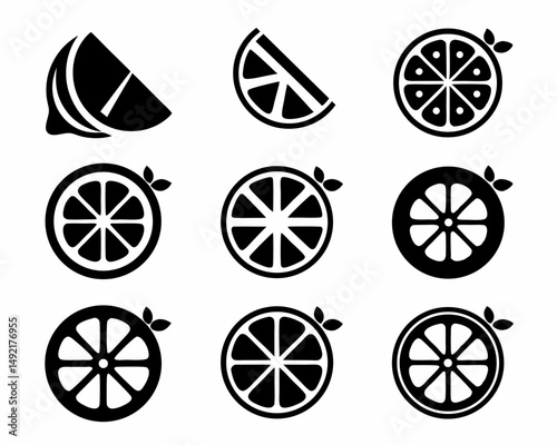 Lemon-Themed Icon Collection – Black-and-White Lemon Slices, Wedges, and Drinks SVG