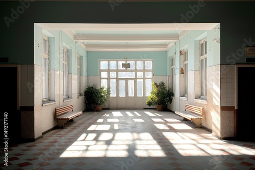 Sunlight streams through large windows illuminating a quiet corridor with benches and plants, creating a tranquil atmosphere at midday Generative AI