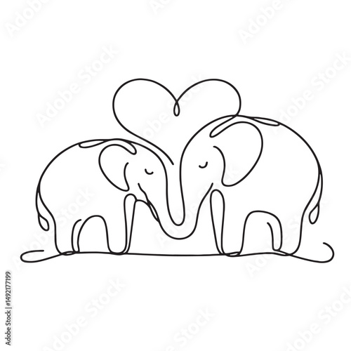 elephants with heart  vector one line drawing illustration