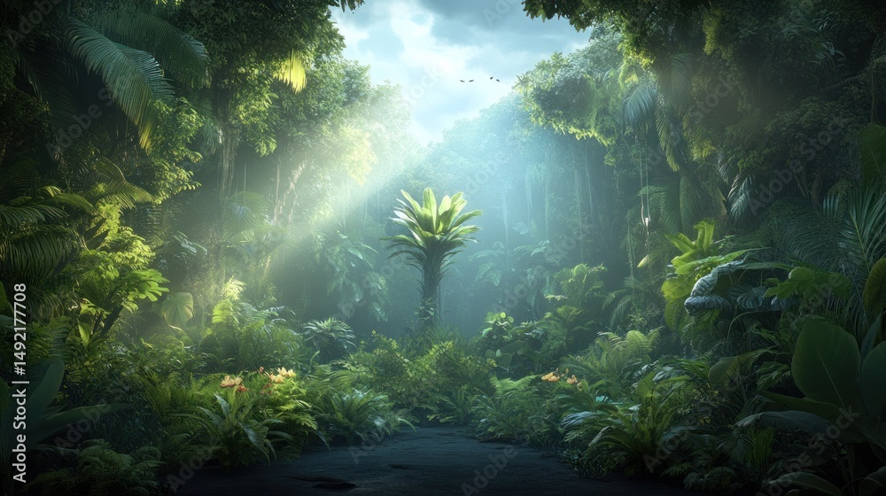 Fototapeta premium Lush jungle, sunbeams, plants