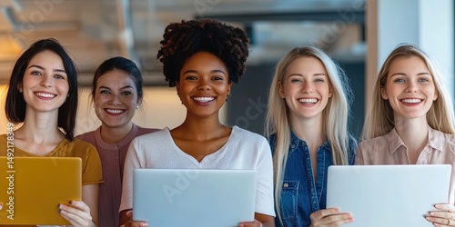 Wallpaper Mural A collage of women in tech holding laptops, smiling brightly in a sleek office - progress and modernity.  Torontodigital.ca