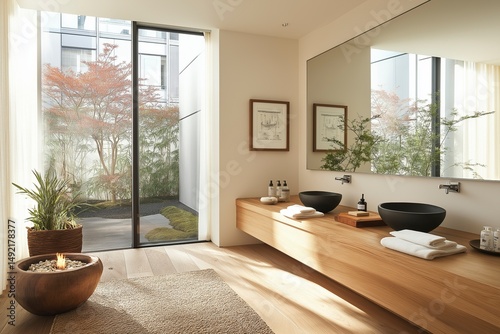 Serenity and modern elegance blend in a tranquil spa-like bathroom reflecting nature's beauty at midday Generative AI